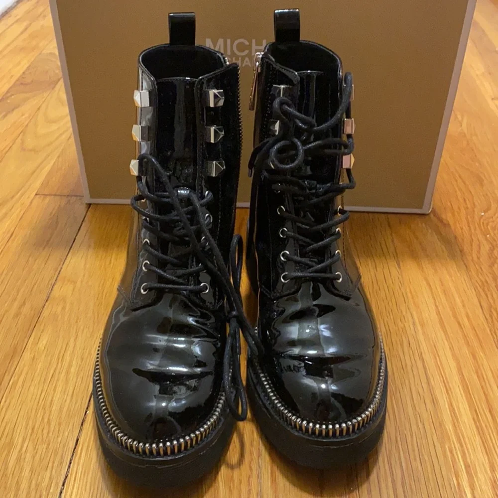 MICHAEL Michael Kors Black Patent Lace-Up Platform Boot with Silver Stud Trim